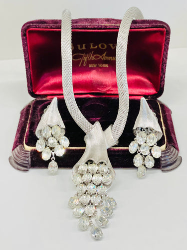 Silver Mesh and Rhinestone Necklace Earring Set Jewelry Bloomers and Frocks
